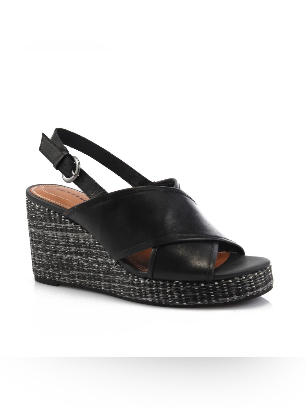 Lucky Brand Black Leather Crossband Wedge Sandals
